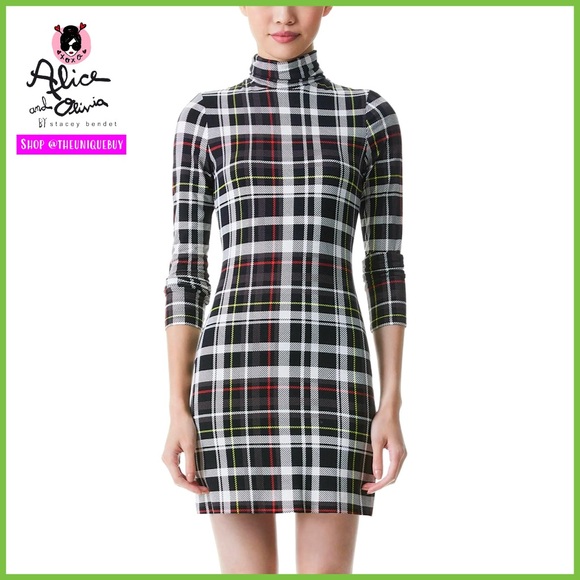 Alice + Olivia Delora Plaid Fitted Black White Multi Mini...